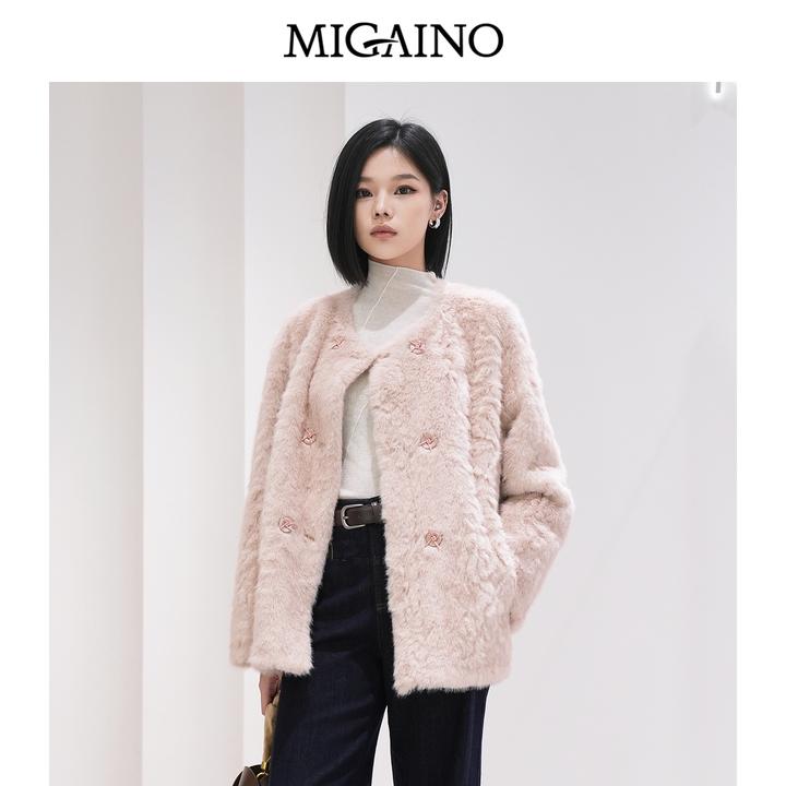 Migaino曼娅奴女装秋冬新款时尚百搭毛茸茸保暖环保皮草粉色外套