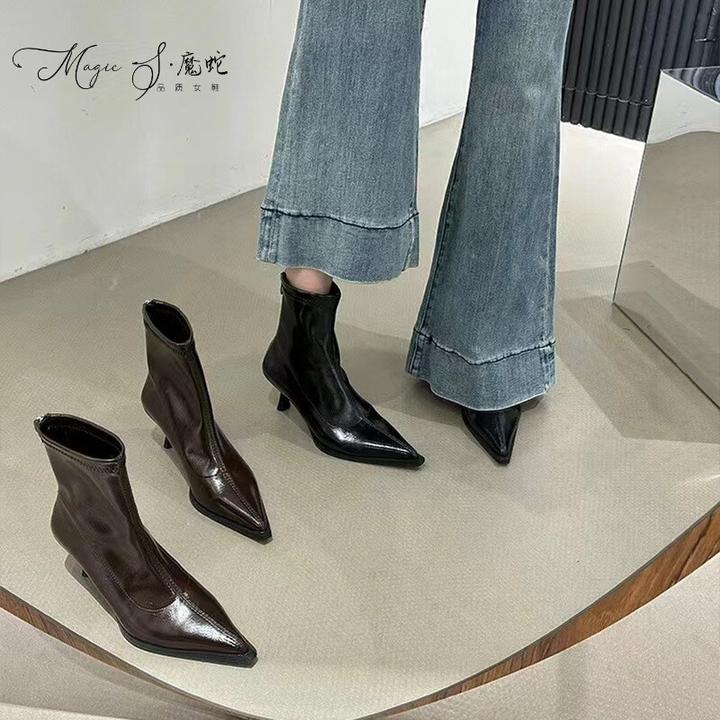 【万达撤柜】高跟尖头短靴年秋冬休闲细跟拼接裸靴瘦瘦靴复古棕色短