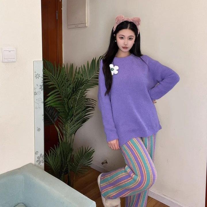 新款慵懒风女彩色条纹软绵绵半边绒可外穿睡衣加厚保暖珊瑚绒套装