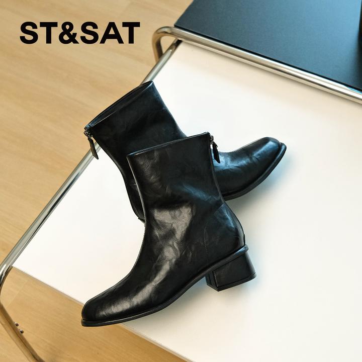 【绒雅系列】星期六秋季粗跟职场气质女士靴新款百搭复古质感瘦瘦靴