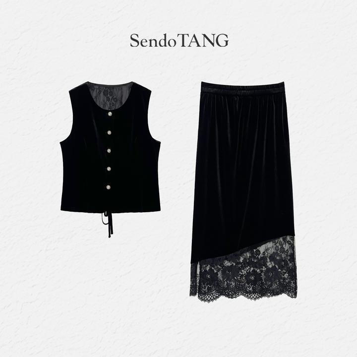 丝绒马甲半裙套装黑色小众遮肉显瘦高级设计感【梨纱落】大码女装