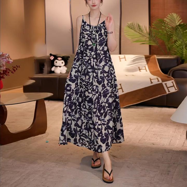 慵懒风复古印花吊带连衣裙女2025夏季新款长裙显瘦时尚减龄裙子女