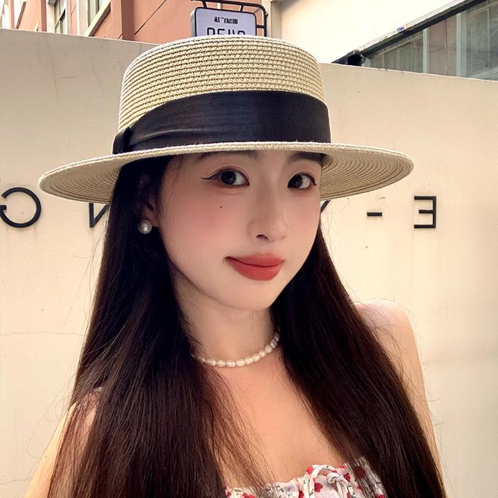 海边沙滩草编帽子女夏季防晒大帽檐遮阳帽高级感礼帽法式平顶草帽