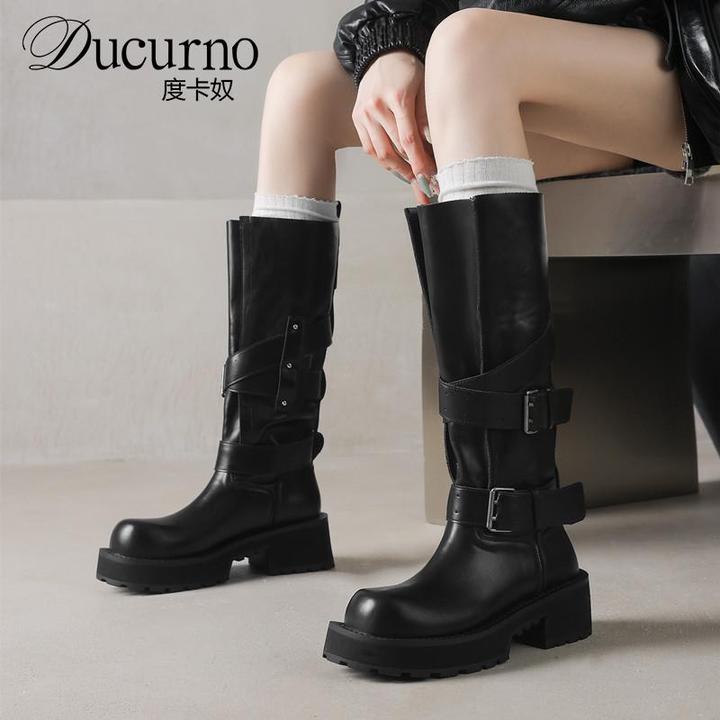 DUCURNO2025新款时尚圆头马丁靴皮带扣机车靴真皮中筒骑士靴长靴