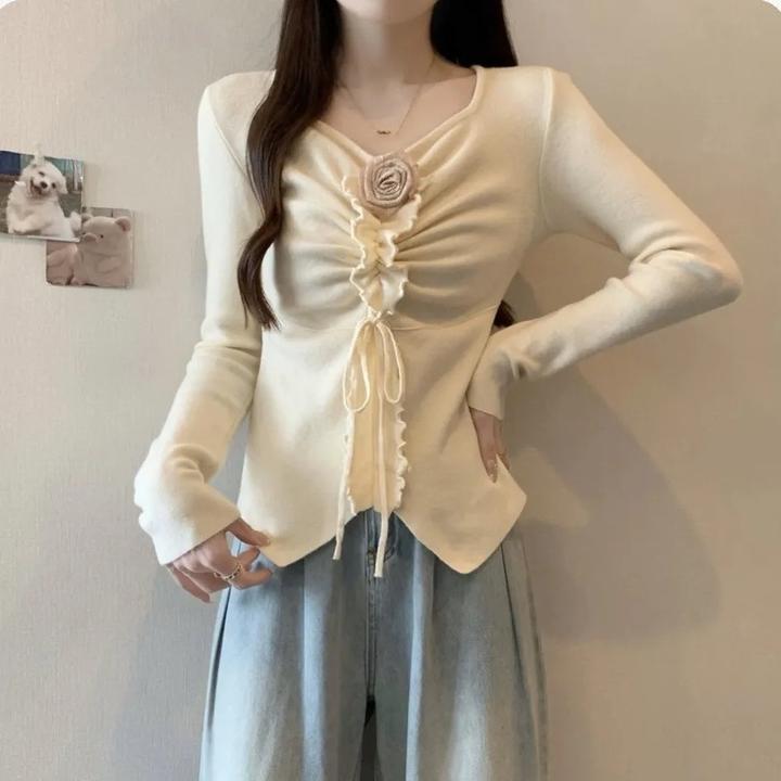 褶皱加厚立体花朵长袖毛衣秋冬针织衫设计新款修身显瘦打底上衣