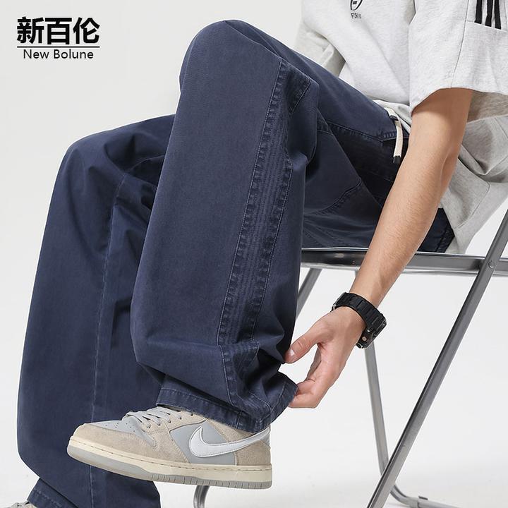 新百伦/NEW BOLUNE纯棉休闲裤男直筒宽松条纹拼接秋季新款阔腿裤