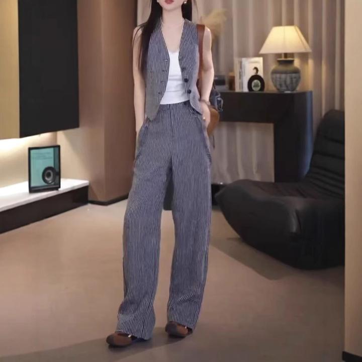 新款休闲百搭气质时尚复古条纹马甲高腰显瘦直筒裤洋气女25002