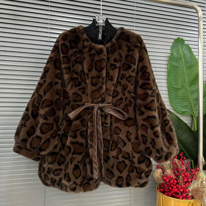 大码女装圆领防貂毛腰带外套胖妹妹欧洲站冬季款洋气百搭毛毛上衣