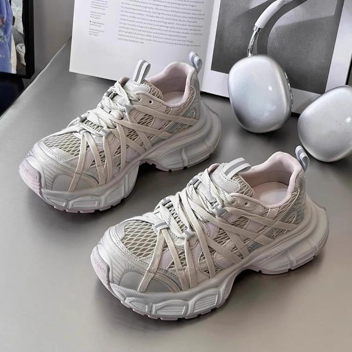 蜘蛛网厚底增高绑带老爹鞋女2025春夏新款网面透气休闲跑步运动鞋
