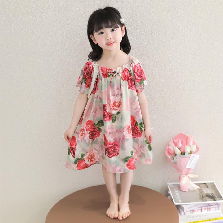 女童睡裙2025新款儿童冰丝家居服女宝宝夏季薄款短袖花朵睡衣裙子