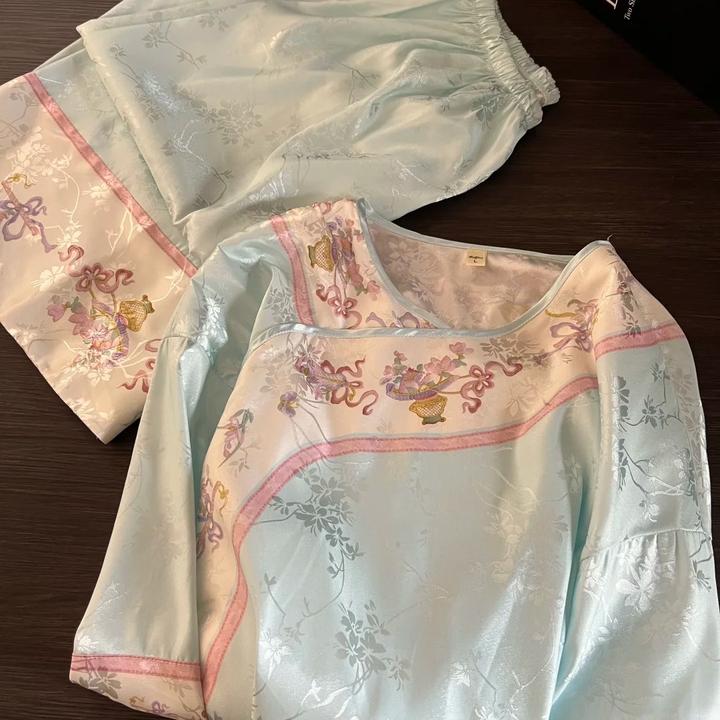 国风新中式复古温柔蓝花卉睡衣女夏季古风长袖长裤套装大码家居服