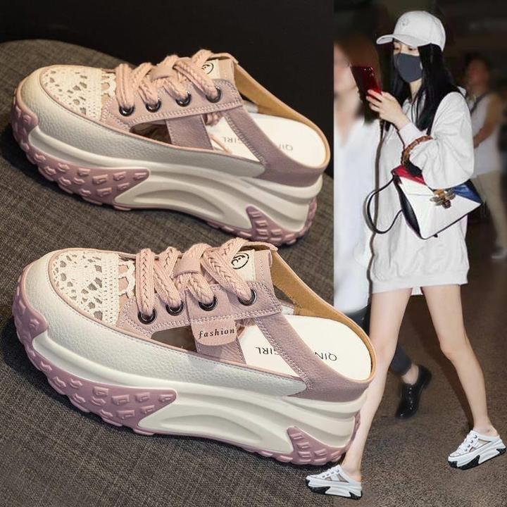 时尚包头内增高半拖鞋女夏季外穿2025新款网红爆款厚底洞洞小白鞋
