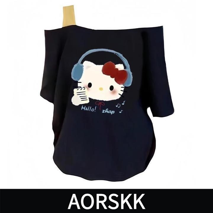 【AORSKK】新款单肩露肩吊带宽松短袖t恤女藏青色kitty猫印花百搭上