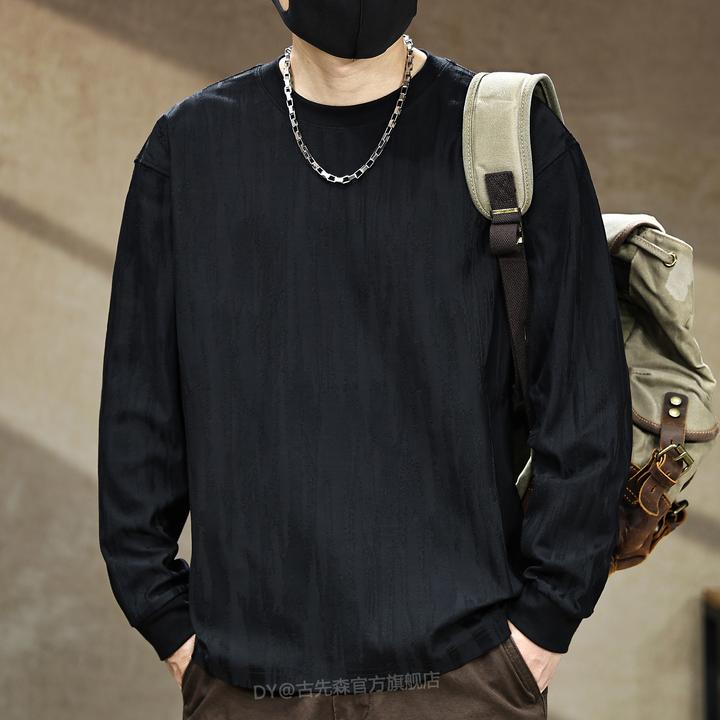 美式高端260g重磅树皮纹提花长袖T恤男秋季新款宽松复古体恤衫潮T