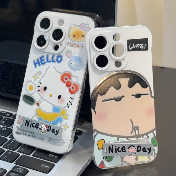 可爱煎蛋KT喝果汁小新支架适用苹果华为vivo小米oppo无边框手机壳