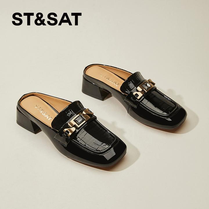 星期六包头拖鞋女外穿高级感2025年新款夏季乐福鞋真皮粗跟穆勒鞋