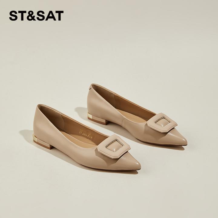 星期六女鞋冬季尖头浅口单鞋气质百搭真皮低跟小香风久穿不累女鞋