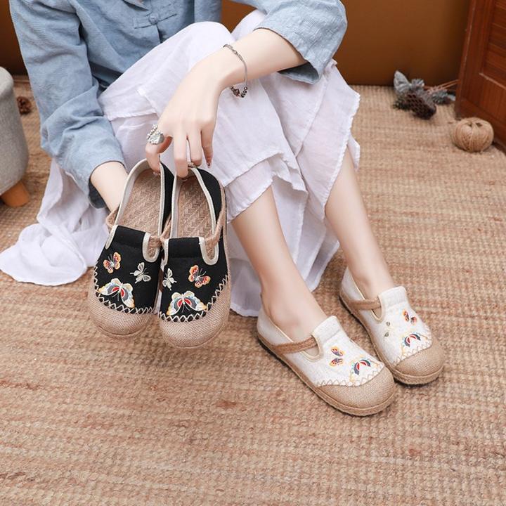 老北京布鞋女平底草编亚麻鞋透气一脚蹬大头绣花素面渔夫鞋学院风