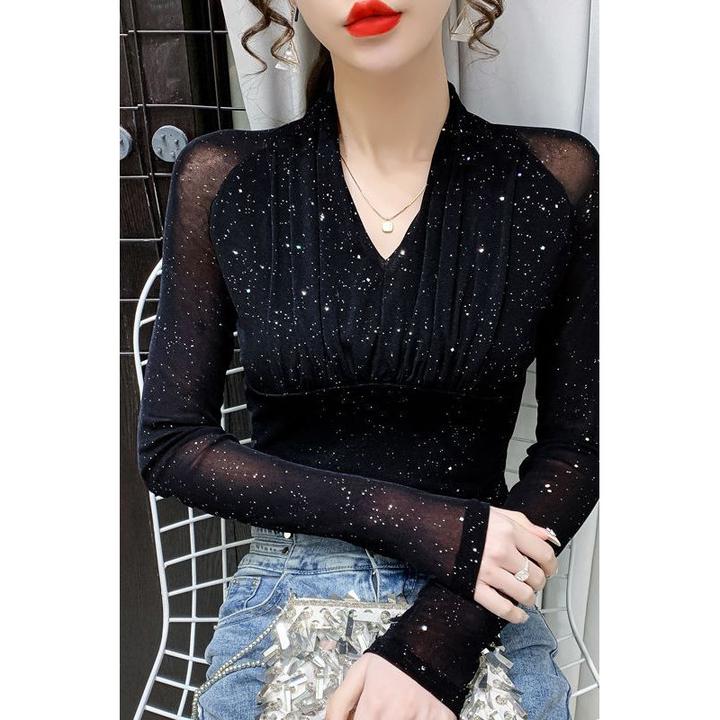 网纱亮闪t桖短长袖打底衫女法式名媛设计感气质v领褶皱新款显瘦