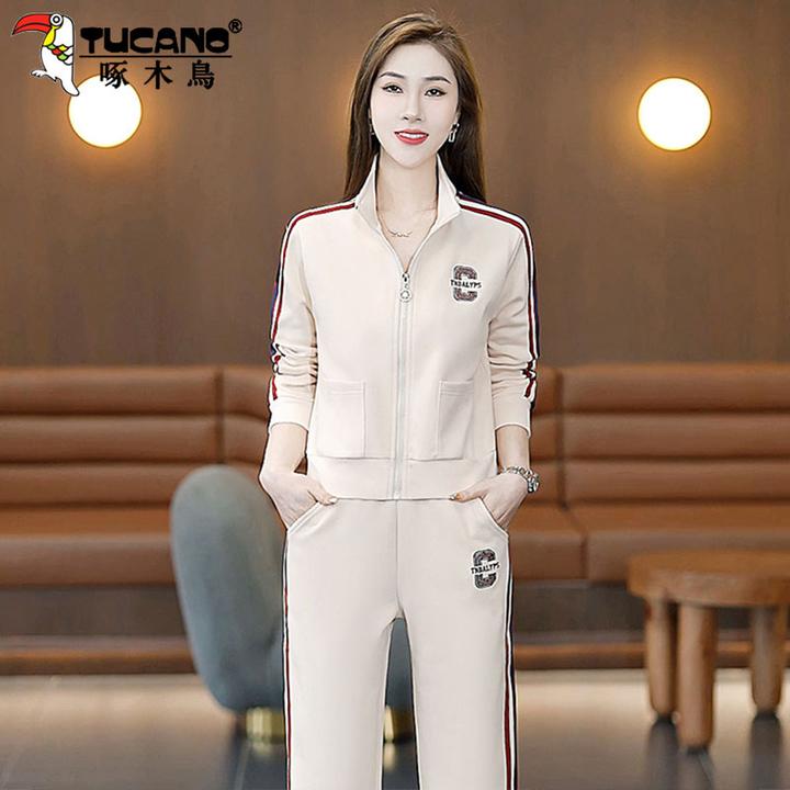 【官方】啄木鸟休闲运动套装女春秋新款时尚减龄卫衣外套两件套