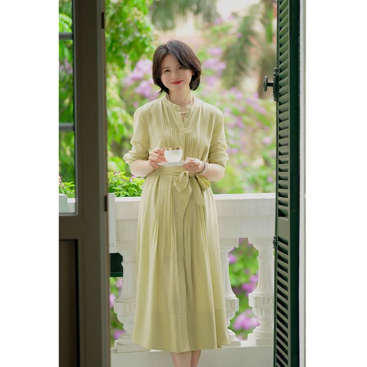 我是摩羯  宛若初见 28MM真丝鬼绉6A级桑蚕丝立领文艺夏连衣裙