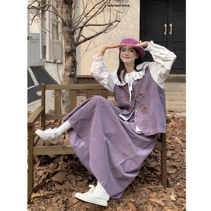 【三件套】日系开衫马甲+娃娃领衬衫+半身裙2024秋季时尚高级套装女