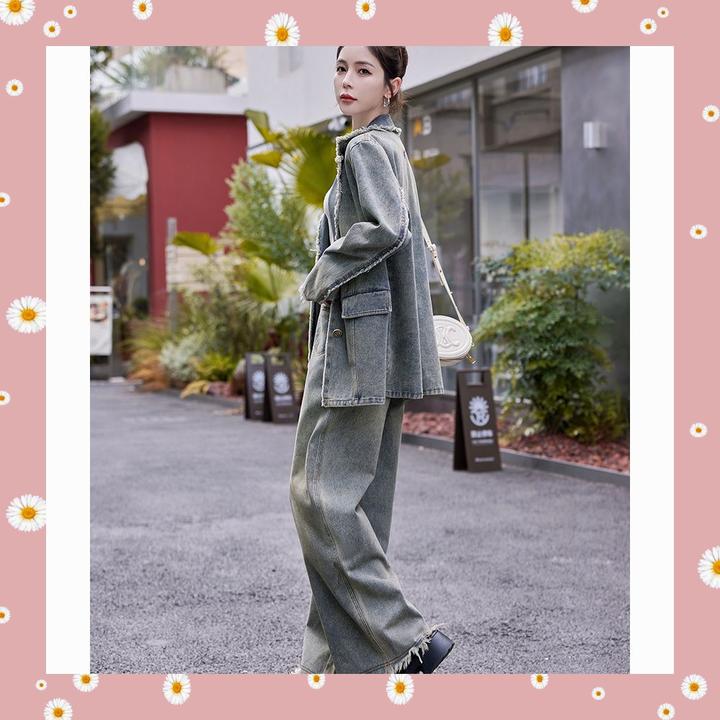 复古气质牛仔套装女2024年春秋季新款西装外套阔腿长裤流苏两件套