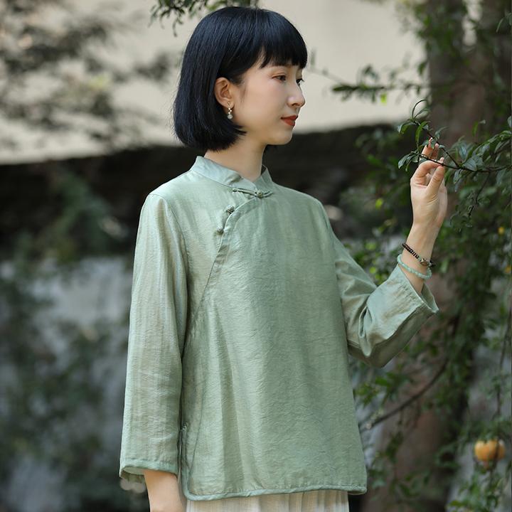二喜新中式上衣国风女装旗袍上衣绿色佛系禅意风小个子茶服11277