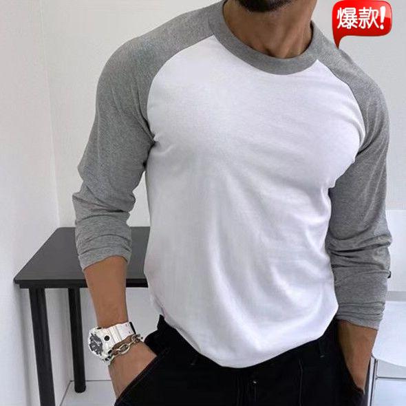 男士款秋冬春拼接插肩袖修身长袖tT恤圆领秋运动上衣运动健身百搭