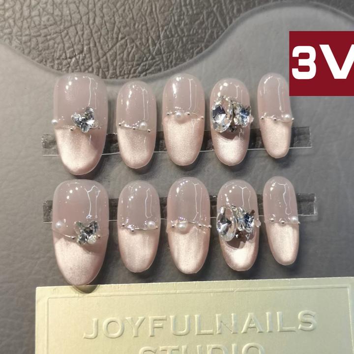 3V纯手工穿戴甲美甲蝴蝶可爱甜美绵密猫眼粉色中长椭圆甲片高级感