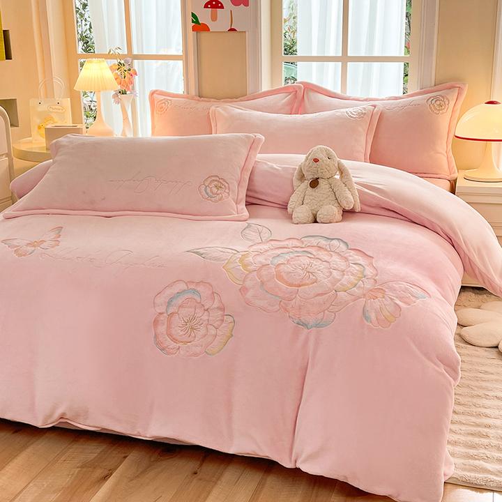 绣花牛奶绒四件套2024新款珊瑚绒冬季加绒保暖床单床上四件套床品