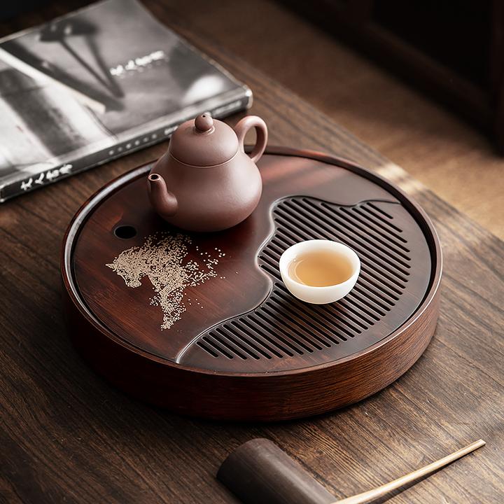 夏亿堂竹制复古家用简约储水式沥水小型盛水圆形托盘泡茶盘干泡盘