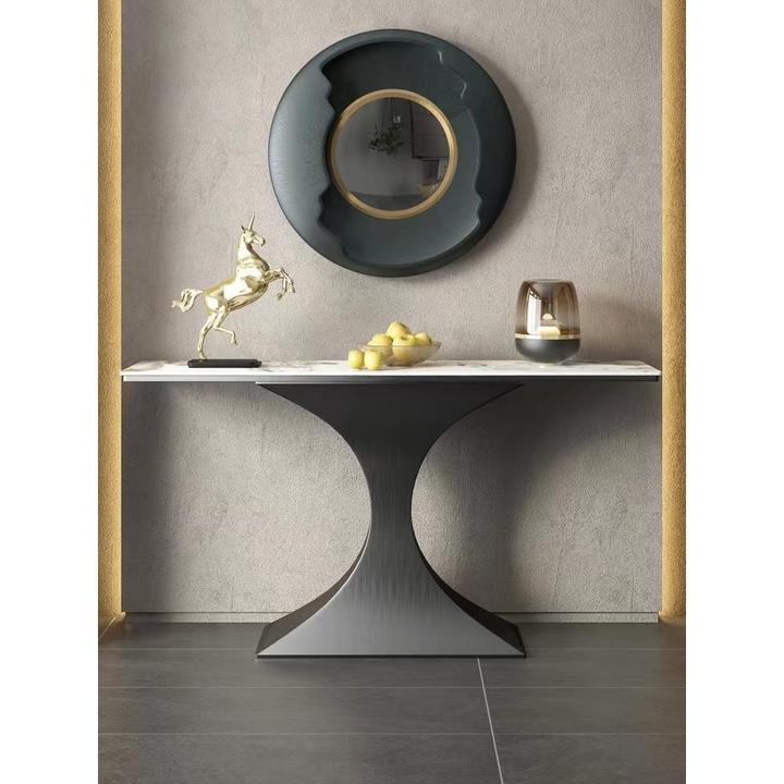 简约现代不锈钢香槟金拉丝岩板玄关桌轻奢玄关柜入户门靠墙玄关台