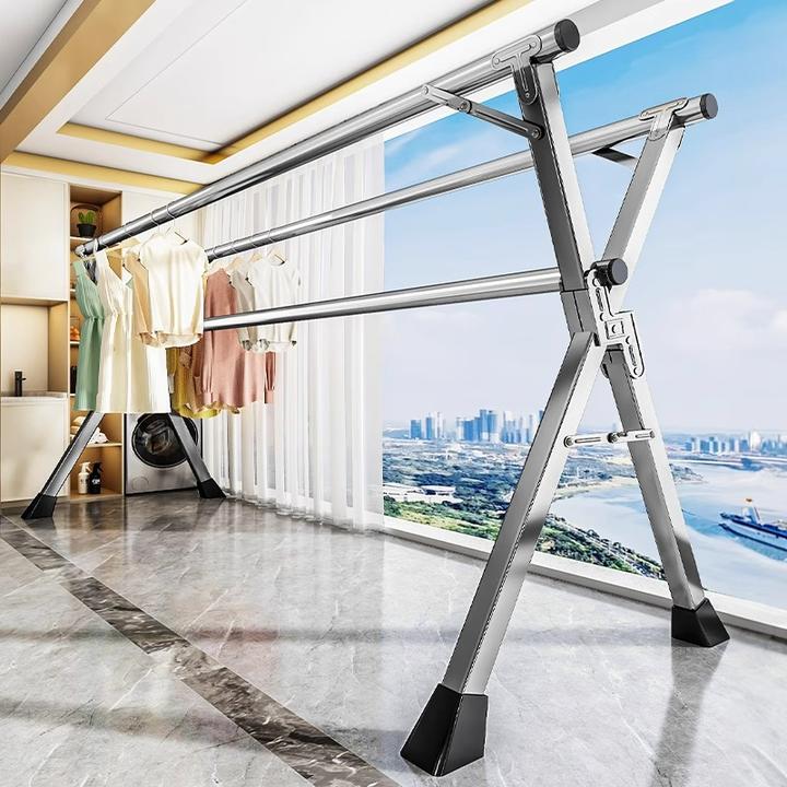 折叠晾衣架双杆落地家用阳台卧室不锈钢伸缩凉衣杆晒被子加厚加粗
