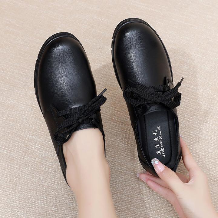 舒适妈妈鞋软底中老年牛皮鞋子女鞋平底防滑肯德基工作鞋加绒单鞋