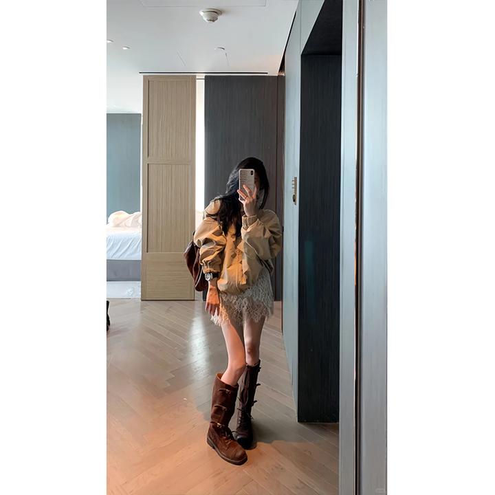 2024秋季薄款修身显瘦百搭长袖短外套女设计感纯欲辣妹蕾丝边短裙