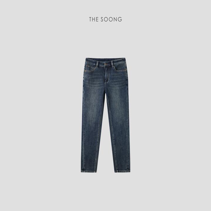 THESOONG| 靴裤‘加厚不加绒 高弹深蓝色小脚靴牛仔裤HBNZ222833