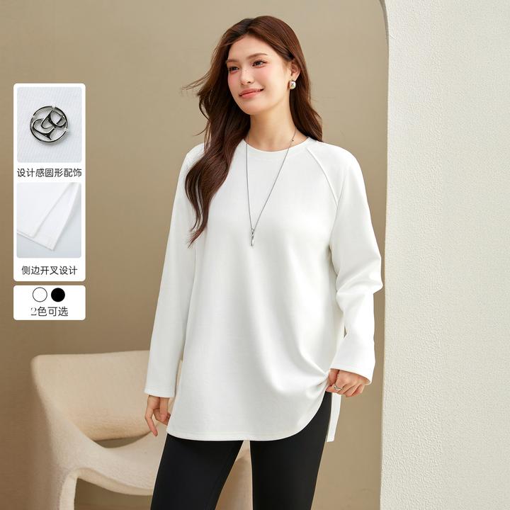 【休闲慵懒T恤】纤莉秀大码女装秋季百搭正肩显瘦圆领长袖QJ3575