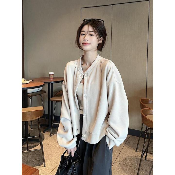 纯色百搭棒球服卫衣外套女装春2026新款简约宽松休闲立领夹克上衣