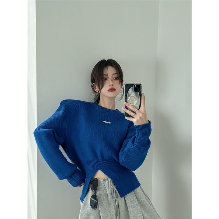 轻奢潮牌款韩版秋冬开叉纯色针织衫设计感不规则泡泡袖短款毛衣