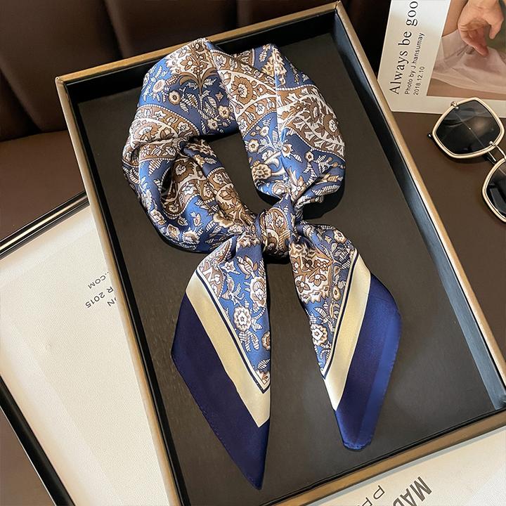印花藏青小方巾丝巾女搭配衬衫护颈围脖子薄围巾纱巾2023秋季新款