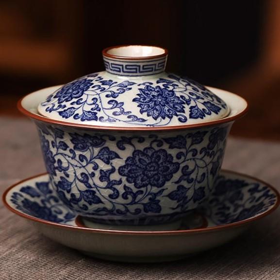 景德镇悬停青花缠枝莲盖碗高端防烫手高档个人专用泡茶茶具釉下彩