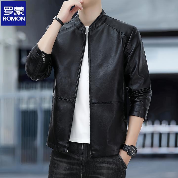 Romon/罗蒙立领皮衣男士春秋新款时尚潮流修身海宁皮夹克加绒外套