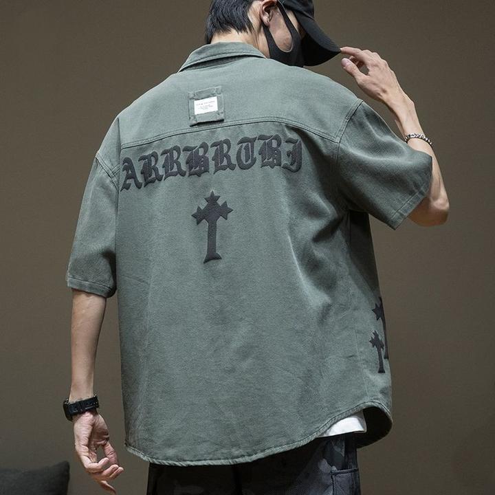 夏季潮男短袖衬衫男五分袖男生衬衣男士大码痞帅复古工装寸衫外套
