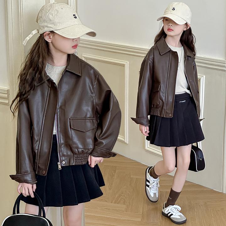 女童秋装皮衣外套2024新款洋气中大儿童短款夹克上衣女孩时尚休闲