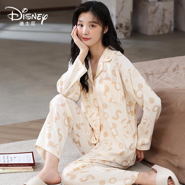 Disney/迪士尼春夏季开衫情侣睡衣女米奇云朵棉绸舒适家居服套装