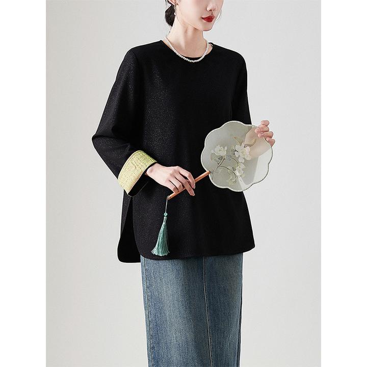 繁星夹闪 新国风圆领衬衫女高级感 复古拼接撞色百搭显瘦上衣女秋