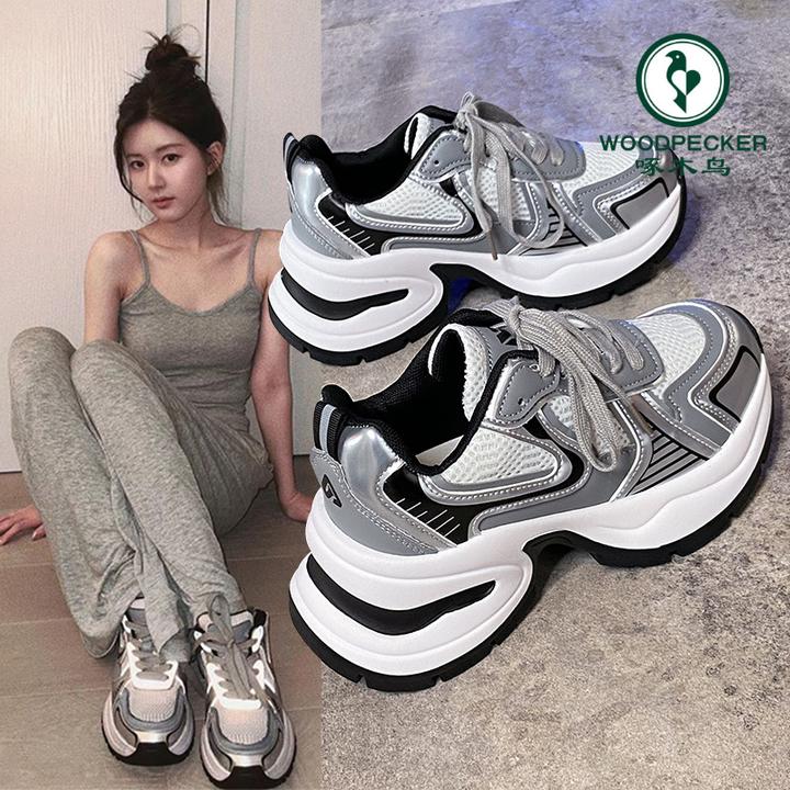 啄木鸟赵露思同款老爹鞋女款2025新款夏季爆款厚底银色休闲运动鞋