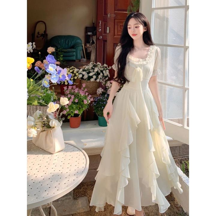 大码女装法式荷叶边连衣裙夏季显瘦宽松气质方领高级感仙女长裙子