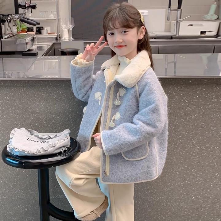 女童秋冬装外套2024新款儿童冬季羊羔加绒加厚中长款卡通毛毛大衣